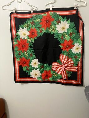 Avon Holiday Poinsettia Wreath Decorative Scarf - Black with Red & White